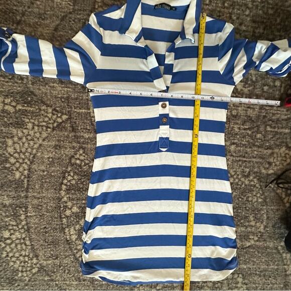 Ella Moss Size XS Blue White Striped Roll Tab Sleeve Collared Henley Tunic Top - Picture 6 of 7